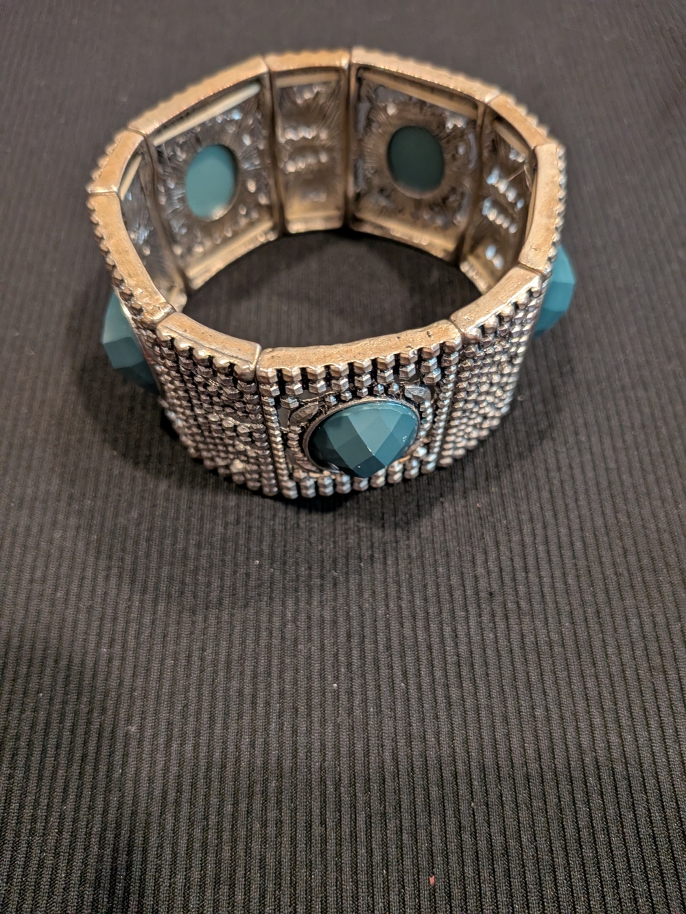 B"#4: Silver-Tone Bracelet with Teal Gem Accents
